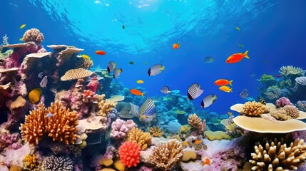Underwater coral reef ecosystem with diverse marine life. Wide-angle photography.