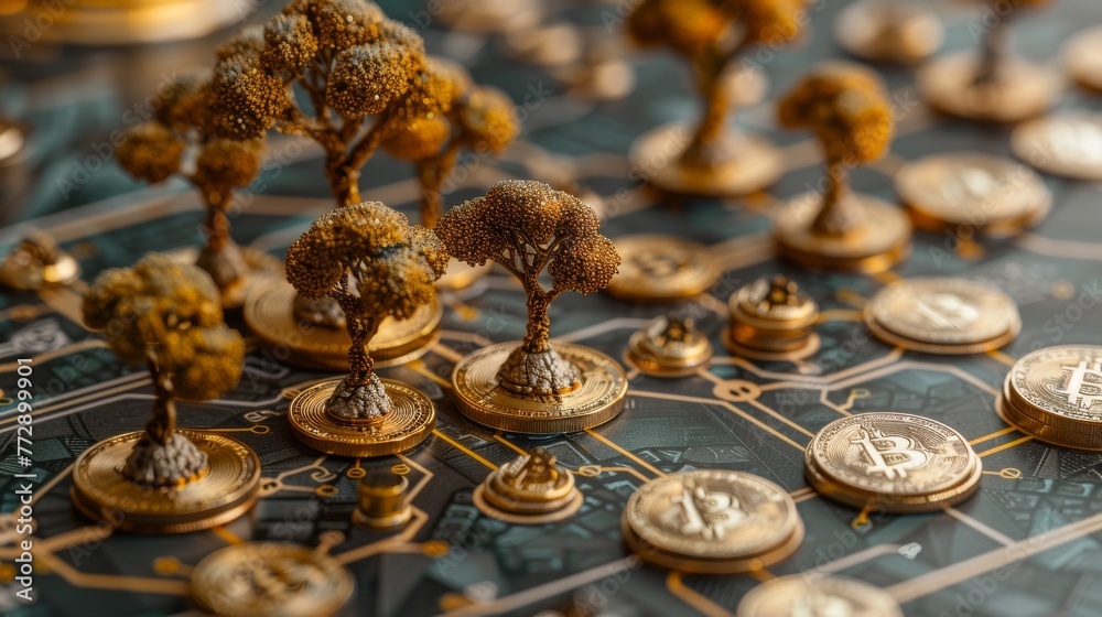 Poster a perspective view of golden bitcoin with financial icons to illustrate the benefits of cryptocurren