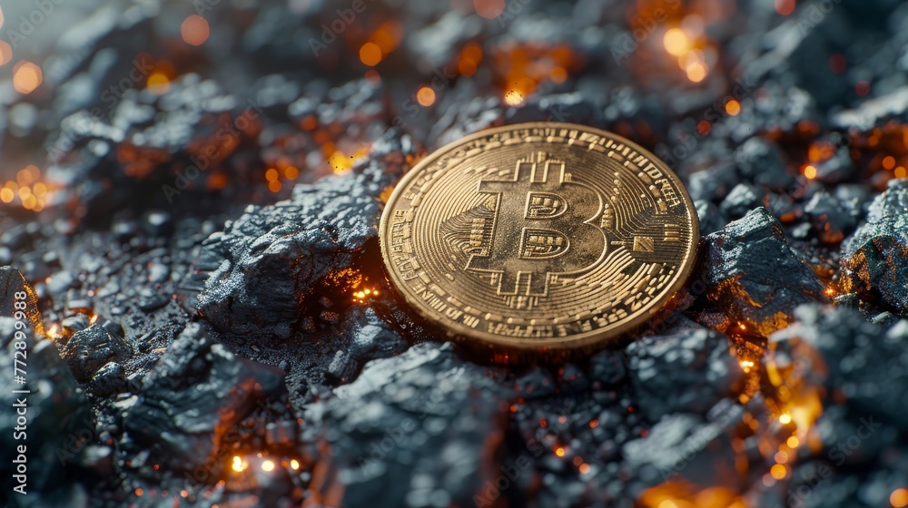 Poster The concept of cryptocurrency mining technology, a graphic of a blockchain with bitcoin, and a mining tool