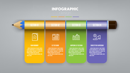 Vector infographic design ribbon and pencil including charts, icons, and business concept charts with 4 options.