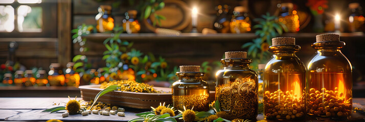 Herbal medicine concept with a focus on natural wellness, featuring glass bottles surrounded by fresh herbs and flowers