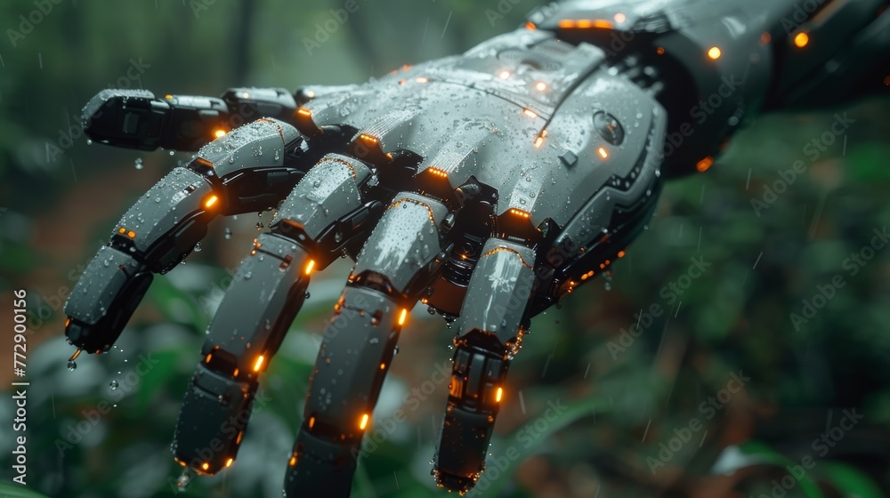 Poster A graphic of a robot hand with the symbol AI and futuristic elements representing machine learning or artificial intelligence technology