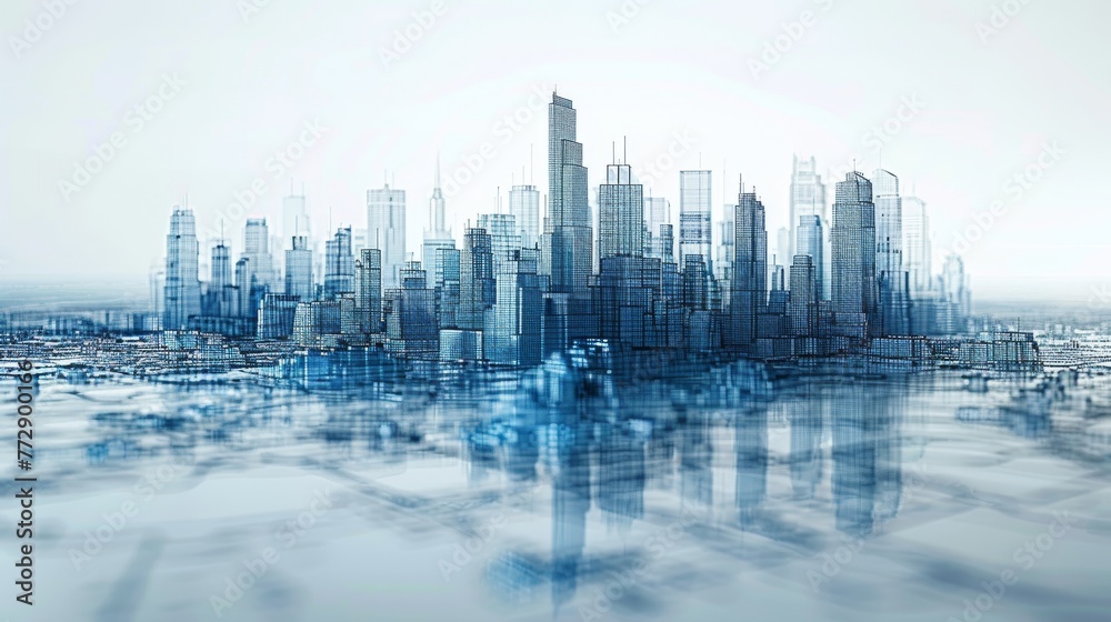 Aufkleber an image of a wireframe cityscape in the style of a smart city.