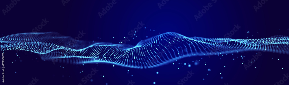 Poster futuristic wave of dots with moving particles. abstract technology background. 3d visualization of b