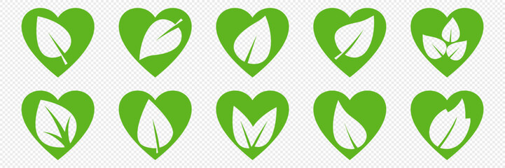 Set of isolated green leaf icons on white background. Abstract natural leaf icons. Elements. Vector illustration.