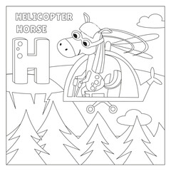 Cute Horse and helicopter. . Transport and animals. Letter H. Coloring page. Alphabet, card with cute cartoon style characters. ABC. Education for children. Preschool activity. Vector illustration.