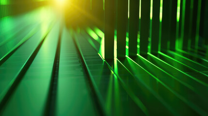 Abstract green light beams and lines on dark background.