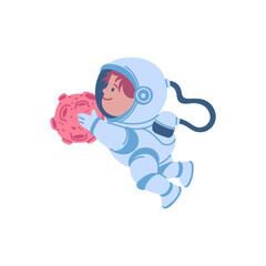 Child astronaut examining asteroid vector illustration
