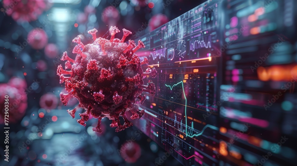 Aufkleber Visualization of virus scans or covid-19 analysis with medical technology interface.