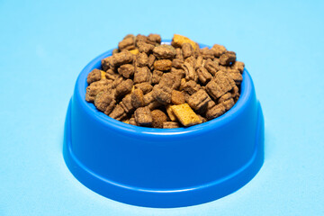 Dry cat food in a plate on a blue background, close-up. Complete Cat Nutrition