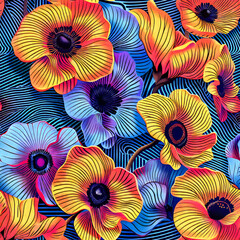 Op Art Flowers.  Generated Image.  A digital illustration of colorful flowers in an Op Art style with optical illusion.