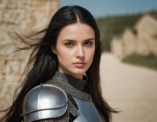 An image of a long-haired brunette girl in knightly robes. Generation of AI.