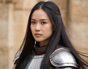 Image of a long-haired Asian girl in knightly robes. Generation of AI.