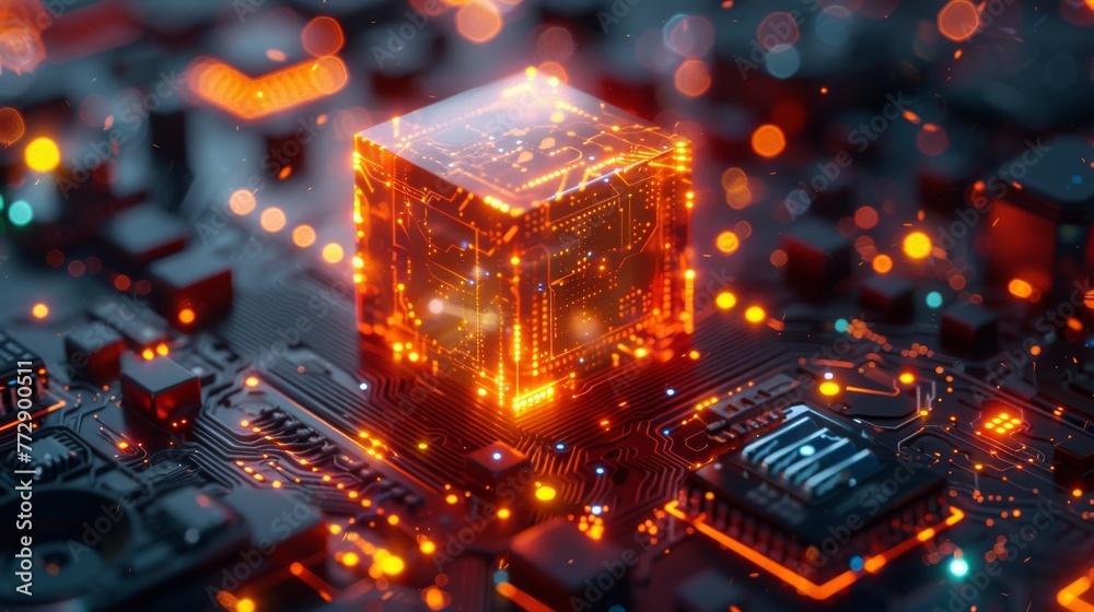 Poster Quantum computing or supercomputer concept, graphic of cube microchip with futuristic technology