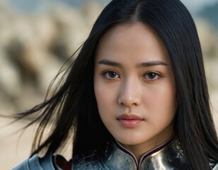 Image of a long-haired Asian girl in knightly robes. Generation of AI.