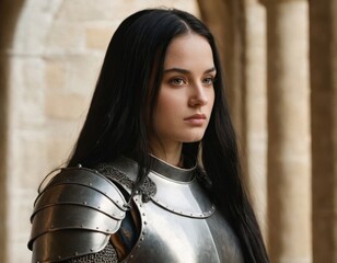An image of a long-haired brunette girl in knightly robes. Generation of AI.