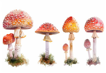 Fly mushrooms watercolor mushrooms on white background. Watercolor botanical illustration. Generative AI