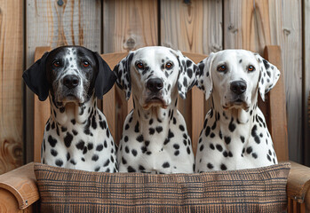 Three Dalmatian dogs sitting together on wooden background. Generative AI