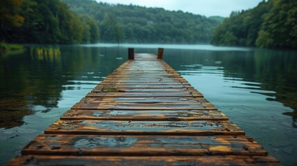 Wooden pier extending into a misty lake. Serene and tranquil nature scene.