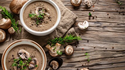 Mushroom cream soup in ceramic bowls on rustic wooden table.