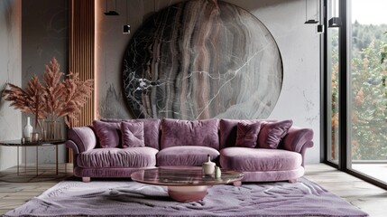 Plush velvet sofa in a modern living room with marble wall accents and oversized round mirror.