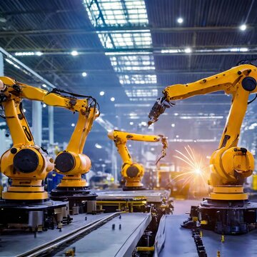 There are robots working in a large industrial factory,Automotive industry factories assembl