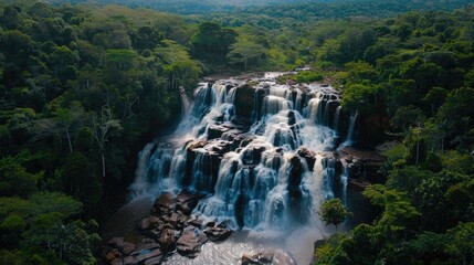 Tropical waterfall in dense jungle.
