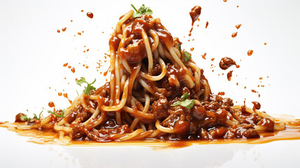 A succulent tangle of spaghetti covered in savory bolognese sauce meticulously rendered. Ai generated - obrazy, fototapety, plakaty