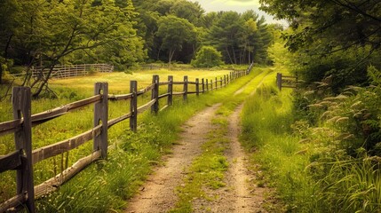 Rural country road with wooden fence and lush greenery.