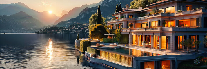 Idyllic Italian Lakeside: Picturesque Summer View of Lake Como, Surrounded by Lush Landscapes and Elegant Villas - obrazy, fototapety, plakaty