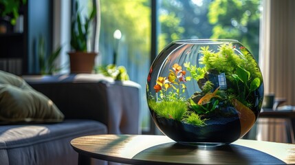 Spherical aquarium with tropical fish and green plants, unique home decor concept - obrazy, fototapety, plakaty