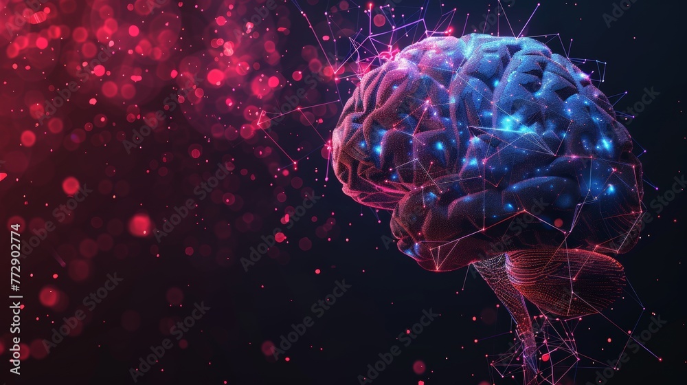 Aufkleber Visual representation of brain power or neurology, displaying a vivid low poly brain in front view with futuristic elements