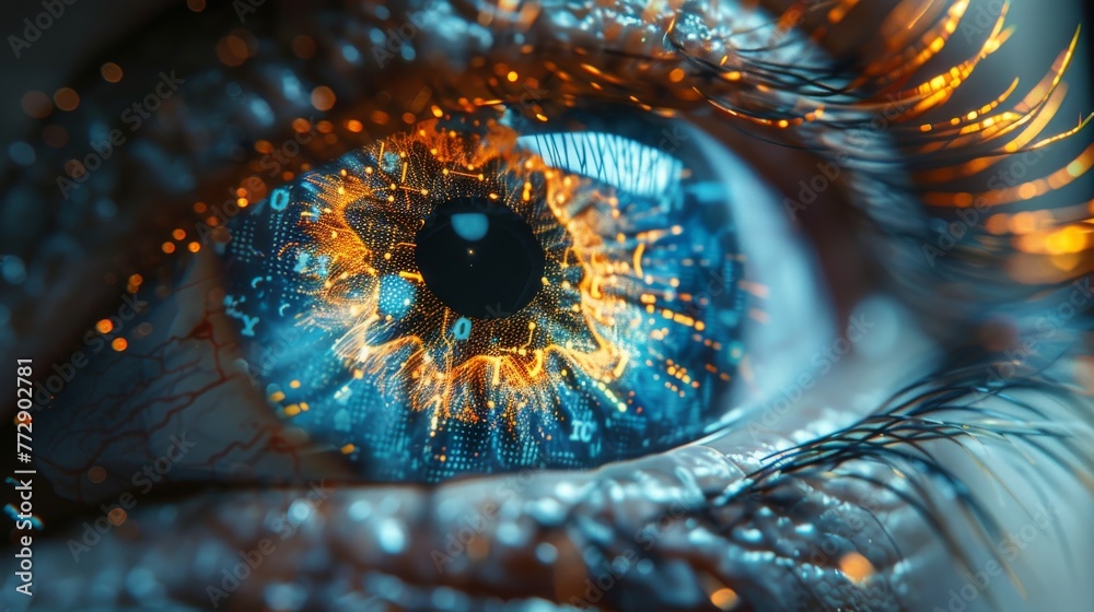 Poster Eyeball graphic with fingerprint pattern and futuristic element of biometrics technology