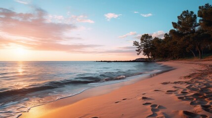 Sunset nature scene of a tranquil beach and golden sky and sea