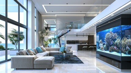 Modern living room with large fish tank aquarium, coral and fish.