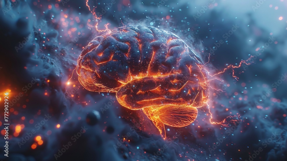 Aufkleber concept of brain power, lightning and futuristic elements on a brain graphic