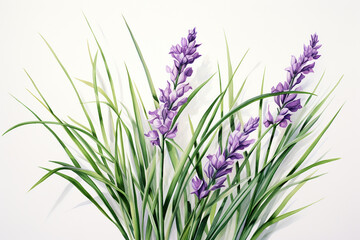 Blades of grass and lavender sprigs portrayed with hyper realistic details. Ai generated - obrazy, fototapety, plakaty