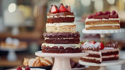 A tiered cake stand displaying a variety of flavors and textures, including a rich chocolate cake, a light and airy vanilla cake, and a fruity strawberry cake - Powered by Adobe