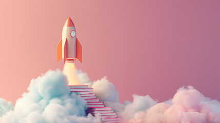3d rocket launching from books, startup education concept on pink pastel background with copy space
