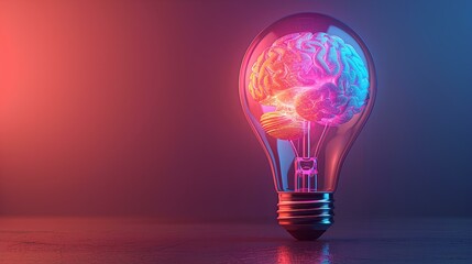 3D minimalist light bulb with a vibrant brain pattern, set against a calming pastel indigo background, denoting creative energy. - 772903123