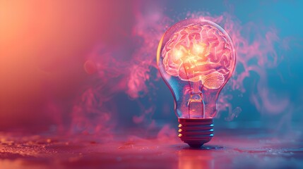 3D minimalist light bulb with a vibrant brain pattern, set against a calming pastel indigo background, denoting creative energy. - 772903161