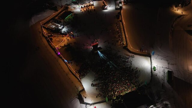 Ski Festival on the Slopes Aerial View at Night
