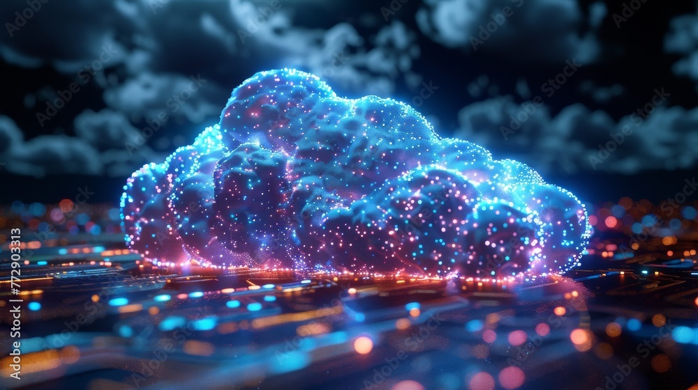Poster Cloud computing or IOT concept, graphic with dotted line and cloud shape