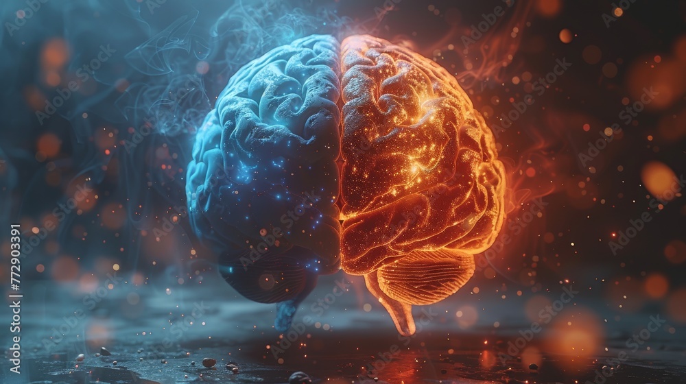 Poster UXUI development concept, Graphic of a futuristic brain with user experience design and user interface design separated