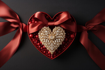 Gemstone Elegance Unveiled Top View of Luxury 3D gift box heart with Ribbon. Ai generated