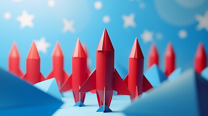 Concept of Leadership concept red paper rocket.