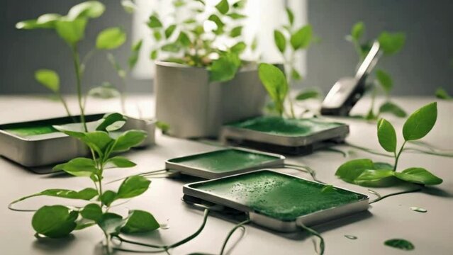  Plant-based biodegradable electronics breaking down into compostable materials after use, animated with eco-friendly degradation processes.