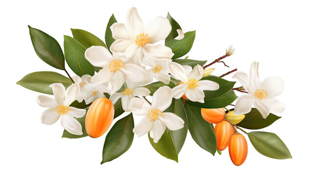 Neroli blossom. Citrus bloom. Orange tree white flowers and buds bunch isolated transparent