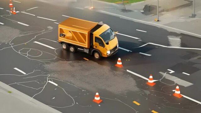 Self-repairing roads with embedded sensors detecting and patching potholes, animated with automated maintenance processes.