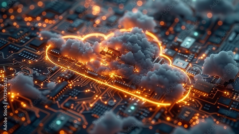 Poster An electronic board pattern combined with a graphic of a cloud shape to represent cloud storage technology